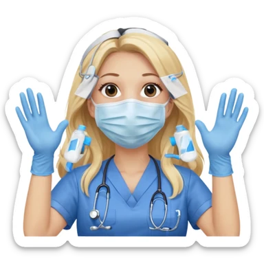 enfermera rubia con pelo largo sin nada en el pelo, con mascarilla y guantes azules las dos manos arriba sticker