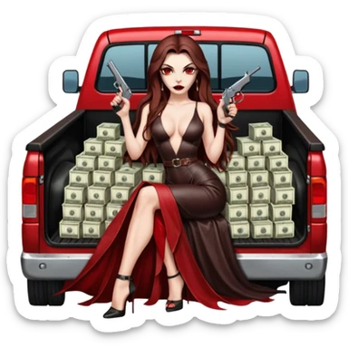 Lilith red eye seductress evil long brown haired sexy succubus woman with leather long dress with slit on, sitting in Big Large F350 pickup truck. Back seat full of stacks of cash, she is  Holding a human skull of her enemies and a gun in other hand sticker