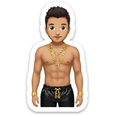 Peter Andre with dark brown hair, black sequin baggy pants, shirtless with necklace sticker