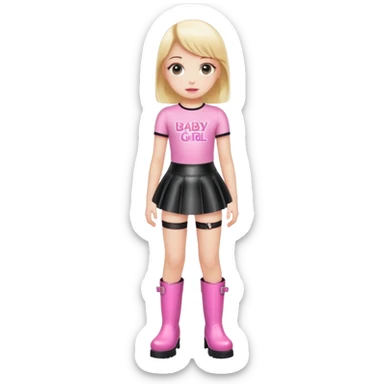 Mini latex skirt and boots and short top with pink inscription “Baby girl” sticker