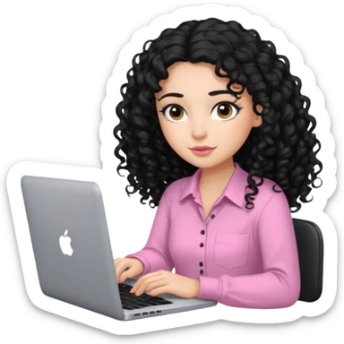 a girl typing mac book with long black curly hair and brown eyes with black eyeliner, pink shirt, social media manager sticker