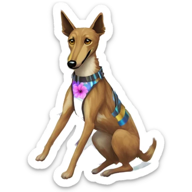  brindle brown black maroon striped lurcher Alsatian fox running blue eyes and iridescent holographic oilslick harness wearing paper iridescent tropical flower crown yellow caution tape sticker