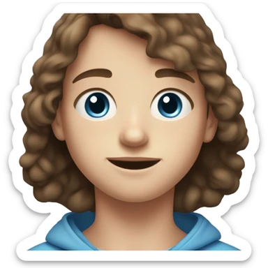 12 year old boy with very short brown hair, light blue eyes, freckles, a blue hoodie en thin l sticker