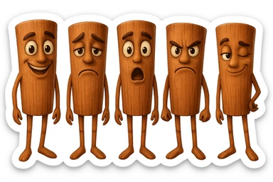Create five versions of this cinnamon stick character with different expressions: happy, sad, surprised, angry, and flirty. Maintain the cinnamon stick character style and details. Transparent background. sticker