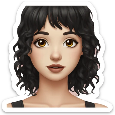 girl pale skin and medium length curly dark black  hair with hair layers, bangs, big hazel eyes, big lips, small nose, nose nostril piercing, three ear piercings sticker
