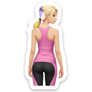 Render from knees up, view from the back, fair skinned woman, thin, long blond hair, cooking dinner in kitchen, pink loose tank top, showing natural B cup breast shape SFW, black yoga pants, perfect booty, looking back sticker