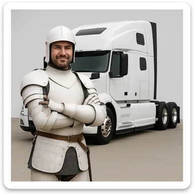 a white knight posing with a 2022 white Volvo semi sleeper truck behind him, confident, modern, clean background sticker