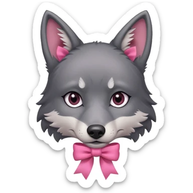 Pleading sad Face cute dark grey wolf with a pink ribbon on his ear head sticker