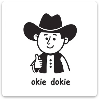 cute cowboy emoji giving a thumbs up, with 'okie dokie' written in a friendly, rounded font sticker