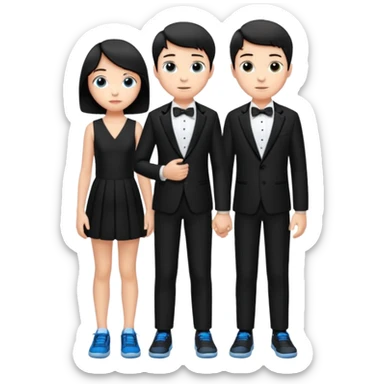generate a pretty bratz fair skinned boy with short black hair wearing a black tux with blue sneakers with a girl sticker