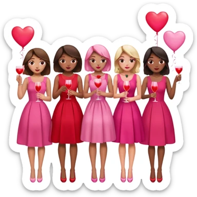galentines party : they wea red and pink dresses, hold pink and red heart balloons and pink cocktails in their hands, there is a blond girl, a brunette, an asian, and a brown skin girl sticker