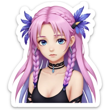 Gorgeous beautiful pretty grumpy anime lady long-pale-whitish-pastel-pink-hair with one braid on each side, hanging gradient-purple-pink feather-ear-cuffs on each side in hair, black bodysuit covering neck, blue eyes, pink iris, ethereal, fashion aesthetic  sticker