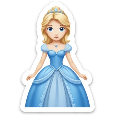 Cinematic Realistic Comical Cinderella Portrait, with every detail rendered realistically—from the soft, smooth texture of her fair skin to her artfully styled golden-blonde hair. Her bright blue eyes are wide with playful disbelief, and her expression carries a touch of whimsical humor while retaining elegant poise. Her classic ball gown, detailed with rich fabric textures and natural shadows, catches the light in a way that blends refined beauty with a hint of cheeky mischief, creating a striking, lifelike portrayal. sticker