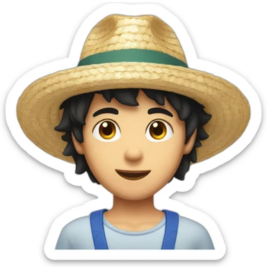 A brunette boy with black hair and a straw hat sticker