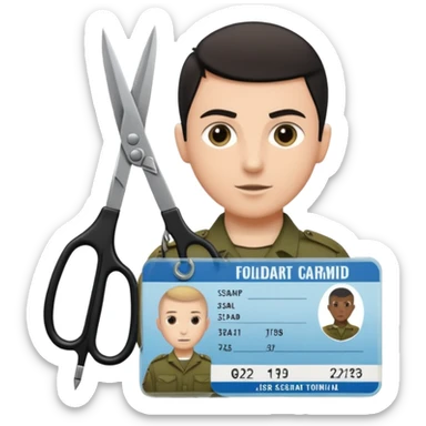 Floating black Scissors cutting in half an idf soldier ID card in 2 parts .hyper realistic sticker