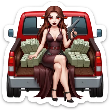Lilith red eye seductress evil long brown haired sexy succubus woman with leather long dress with slit on, sitting in Big Large F350 pickup truck. Back seat full of stacks of cash, she is  Holding a human skull of her enemies and a gun in other hand sticker
