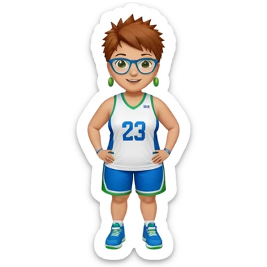 Full Body plus size white female basketball player with short medium brown hair with carmel highlights spikey hair wearing blue glasses 
 wide nose wearing blue green uniform  green sneakers smiling wearing earrings sticker