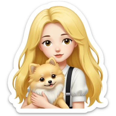 A girl with fair skin, long black hair, white suspenders, hugging a pure yellow long-haired Pomeranian sticker