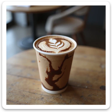 a realistic cup of mocha, photorealistic style, takeaway paper cup with mocha art, chocolatey swirls, modern café setting sticker