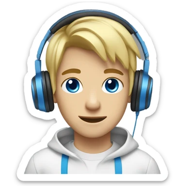 boy blue eyes blonde hair listen music with headphones with blue sweat sticker