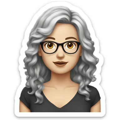 white girl with black wavy shoulder length hair, grey eyes glasses sticker