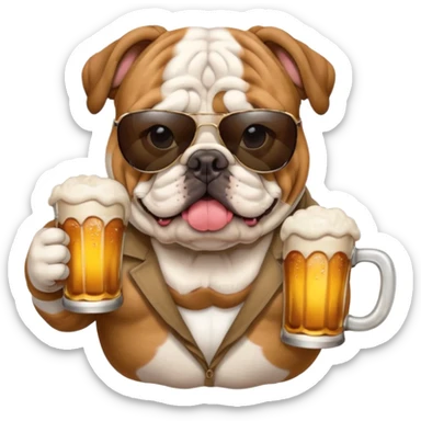 English bulldog wearing sunglasses holding a beer sticker
