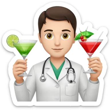 generate me a nurse man brunette with 2 cocktails in his hands sticker