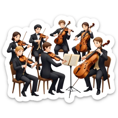 Icon for Classical Music: chamber orchestra with 4-5 musicians playing string instruments (violins, violas, cellos) and a conductor leading the ensemble. The intimate, refined atmosphere. Transparent background. sticker
