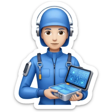 cybernetic person with digital toolkit, digital vibes, blue outfit, average skin color sticker