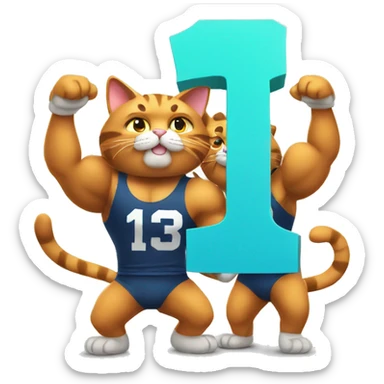 two muscular cats holding up the number 13 sticker
