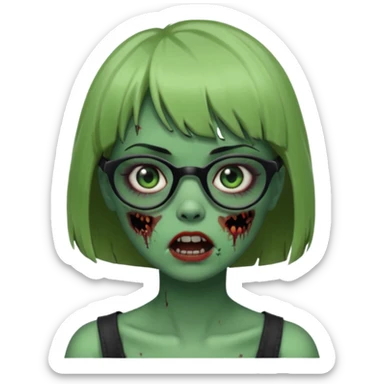 faça uma menina zumbi,da cor verde,com o cabelo curto,até o pescoço,franja,óculos pretos médios,olhos escuros,boca meio aberta e alguns machucados pelo rosto sticker