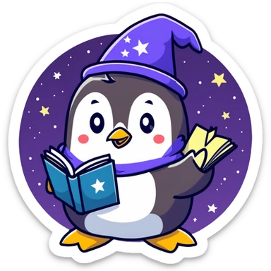 Cute penguin wizard with a flowing starry robe and magical spellbook sticker