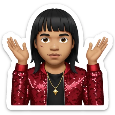 Anderson Paak with long platinum black hair with bang, dark red sequin outfit sticker