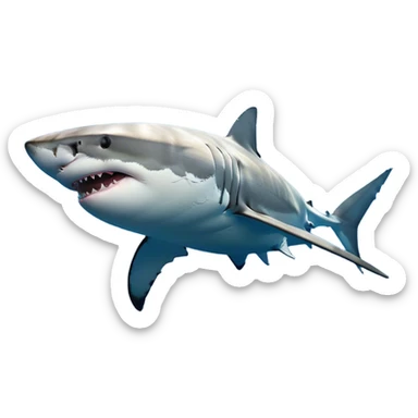 Beautiful and Majestic Great White Shark Portrait Emoji, Head and body resting peacefully with a serene, confident expression, showcasing its robust, torpedo-shaped form and a subtle, regal glint in its eyes, Simplified yet exquisitely endearing features, highly detailed, glowing with a soft, drowsy ocean light, high shine, relaxed and utterly majestic, stylized with an air of marine splendor, soft glowing outline, capturing the essence of a beautiful and majestic great white shark that feels destined to become the next viral icon of awe-inspiring ocean beauty! sticker