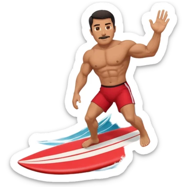50 year old, muscular, dark haired, tan, red shorts man riding a big wave sticker