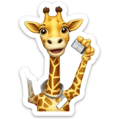 professional giraffe holding a smartphone and a ruler in two hands  sticker