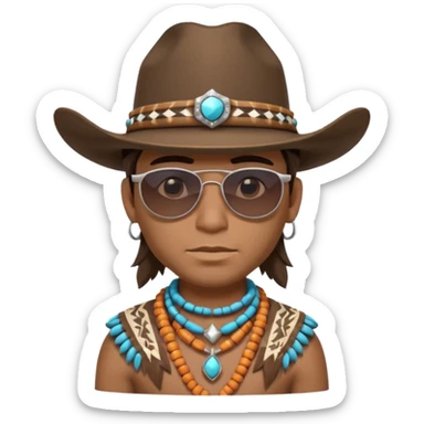 cute Indigenous tribal male portrait, head and shoulders only, cowboy hat, sunglasses, tribal jewelry, confident expression, 3D cartoon, mobile game icon style, clean background, no text, no watermark
 sticker