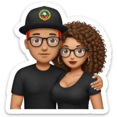 A picture of a tanned couple embracing. the guy is Mexican, with a bald hair cut and he has a SnapBack hat on. The girl is mixed, the girl is wearing a black shirt, the girl has brown curly big hair and the girl has big boobs and the girl wears glasses but the man doesn't  sticker