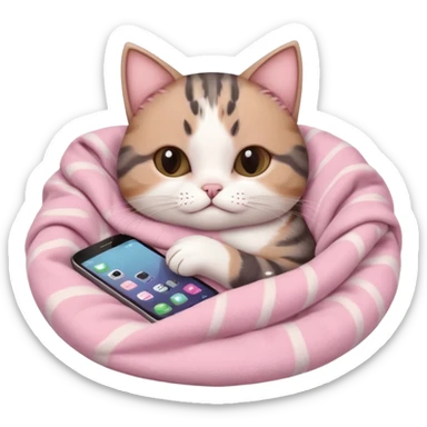 a cozy scene with a cute round-faced cat with brown and gray ears, snuggled in a soft pink blanket, holding a phone with a fishbone design, soft pink background, cat looks relaxed and comfortable, warm and inviting vibe sticker