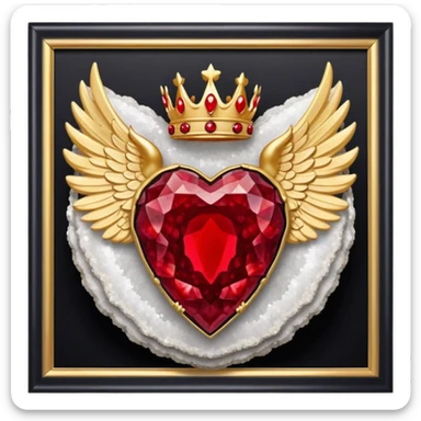 Big onyx geode with red rubby dots inside award-in-frame-decorated-with-big-golden-angel--wings and crown sticker