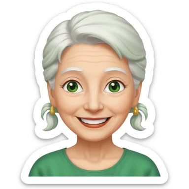 abuela con ojos verdes, pelo blanco, pelo blanco y amarrado, aspecto feliz, pelo blanco, no verde, solo verde los ojos sticker