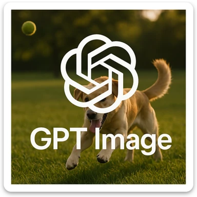  logo of chat gpt with text "GPT Image" on the background of a dog chasing ball, realistic image sticker