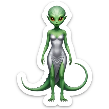 Green Alien reptilian woman without a tail, in silver dress, full figure, yellow eyes sticker