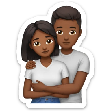 Black lesbian couple with one dark skin masculine with short hair low cut fade with a t shirt and one feminine with long hair in a blouse hugging  sticker
