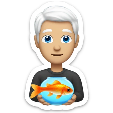 Man with white hair and blue eyes holding a goldfish sticker