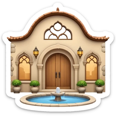 3D Apple-style emoji of a full traditional Turkish han. Rounded stone building with arched wooden doors and windows, small courtyard, fountain, arches, and hanging lanterns. Glossy, smooth, soft shadows, clean white background.






 sticker