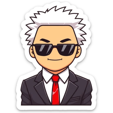Satoru Gojo character with white spiky hair, black suit, red tie, sunglasses, and confident smirk sticker