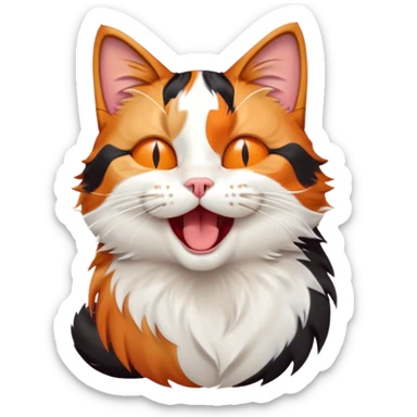 Cinematic Cute Yawning Calico Cat Portrait Emoji, Head tilted mid-yawn with a charming, relaxed expression, showcasing a soft patchwork fur of vibrant orange, black, and white, simplified yet irresistibly adorable, highly detailed, glowing with a cozy, gentle radiance, high shine, exuding sleepy yet endearing charm, styled with a soft glowing outline, capturing the essence of a calico cat caught in a delightful yawn that seems ready to cuddle up for a nap! sticker
