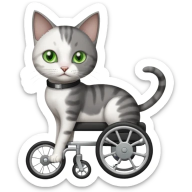 full body small short hair dark grey and white cat with green eyes walking in a wheelchair for cats sticker