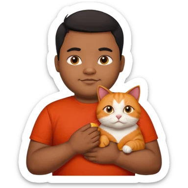 Indian black chubby guy with black middle parted hair in red t-shit with orange cat, age-24 sticker